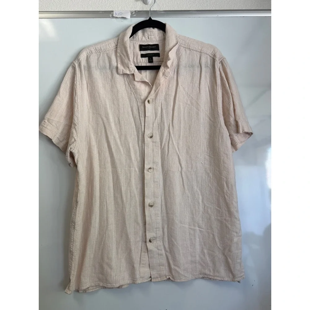 Banana Republic Mens Linen Blend Stripe Short Sleeve Shirt Beige Large Standard